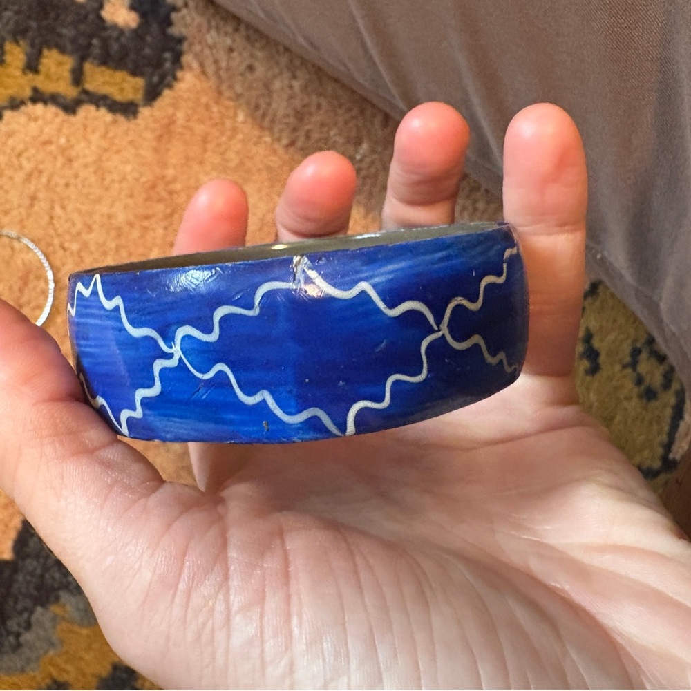 Hand painted Wood Blue Bangle with White Pattern